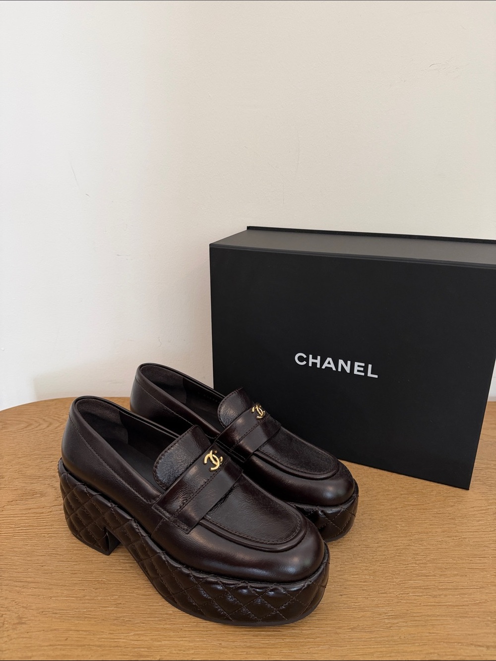 CHANEL Brown Quilted Platform Penny Loafers with Gold CC - Picture 6 of 9